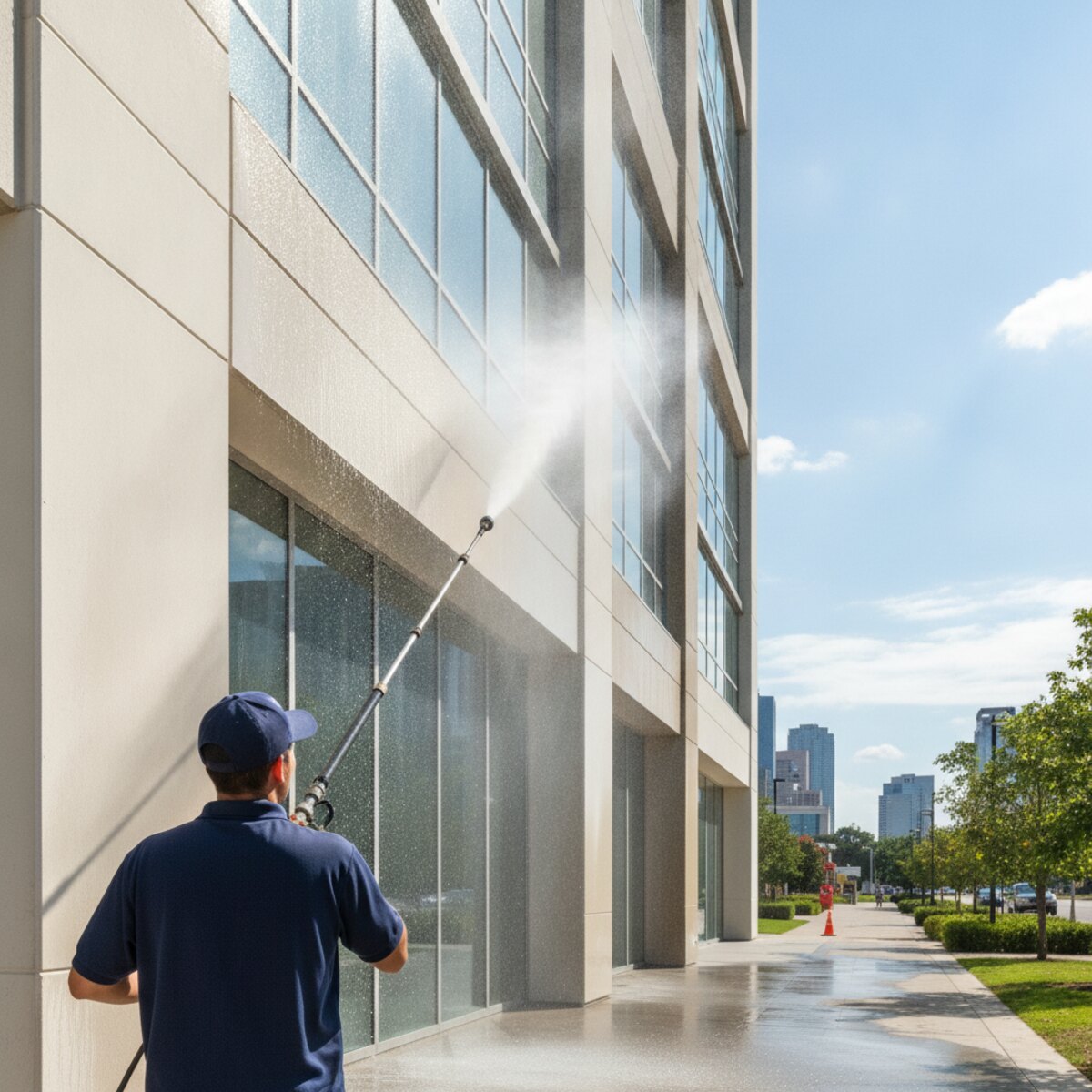 Suds & Surge technician soft washing a commercial building exterior